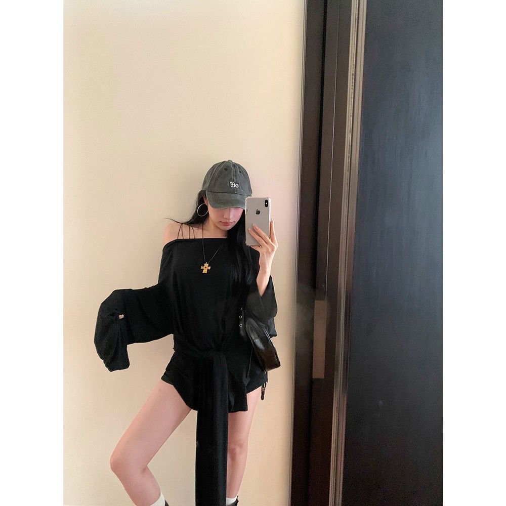 不规则黑色露肩长袖T恤连衣裙子女早秋季设计感辣妹显瘦绑带短裙