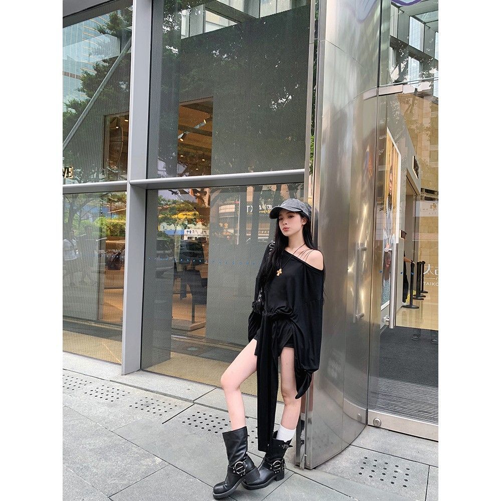不规则黑色露肩长袖T恤连衣裙子女早秋季设计感辣妹显瘦绑带短裙