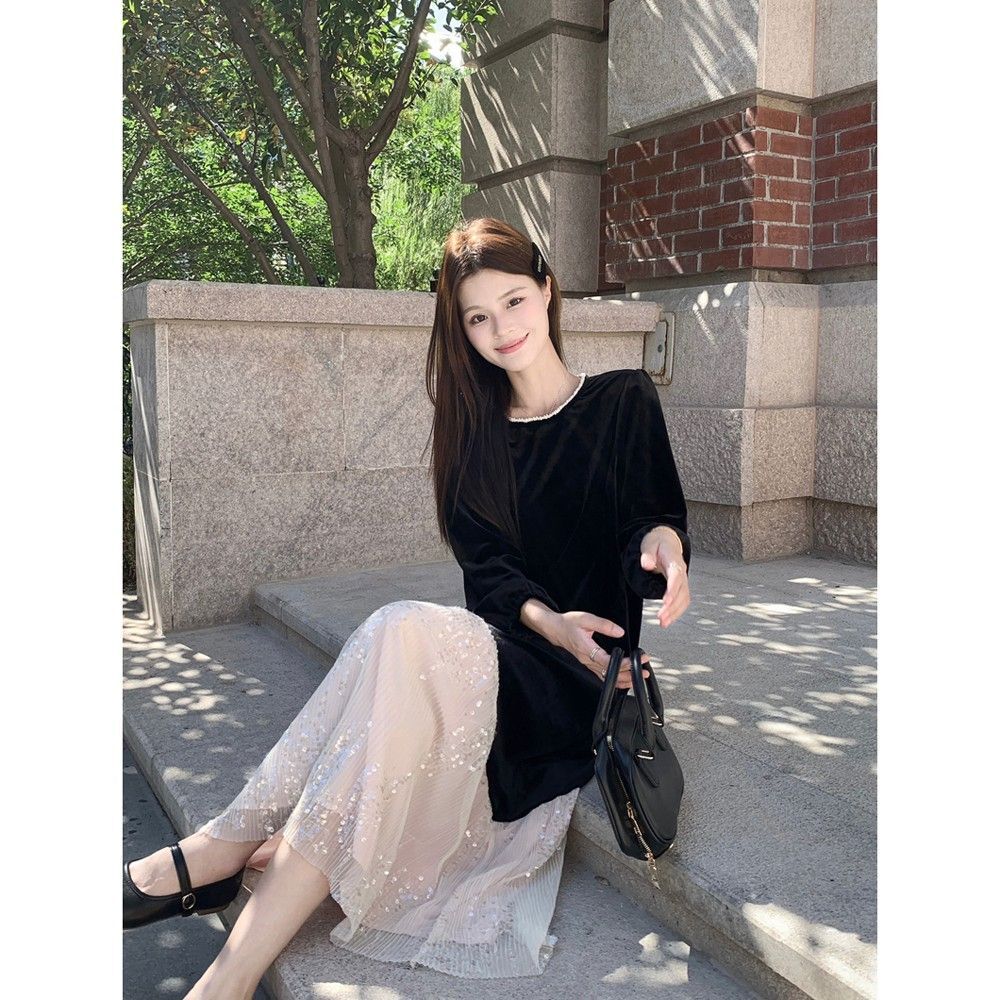 赫本风假两件拼接亮片黑色丝绒连衣裙不规则宽松显瘦遮肉网纱长裙