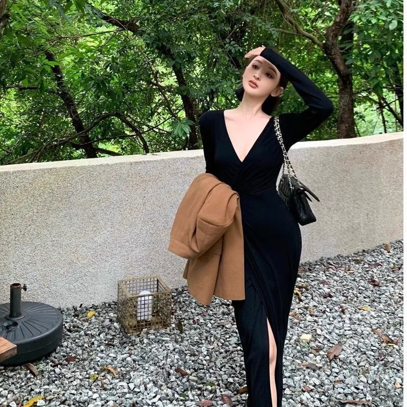 法式纯欲v领扭结长袖连衣裙女修身开叉长裙气质收腰显瘦包臀裙子