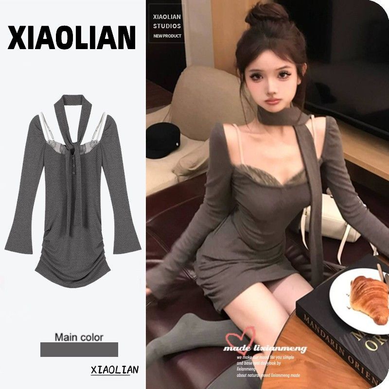 灰色假两件长袖连衣裙女秋季纯欲性感复古辣妹设计感收腰包臀短裙 灰色假两件长袖连衣裙女秋季纯欲性感复古辣妹设计感收腰包臀短裙