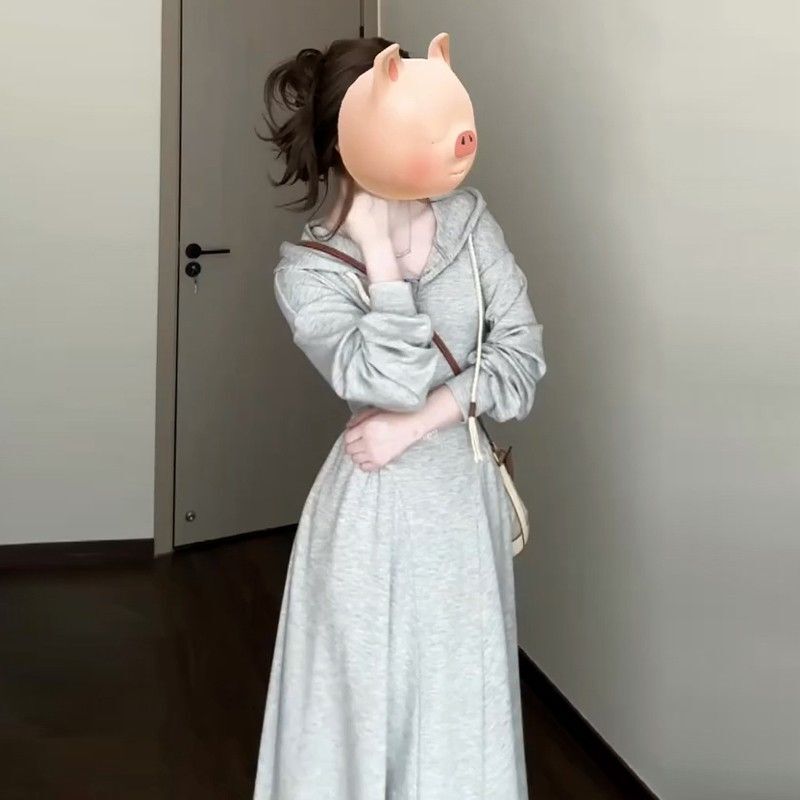 韩系学院风灰色连帽卫衣连衣裙女2024秋季小个子气质收腰显瘦