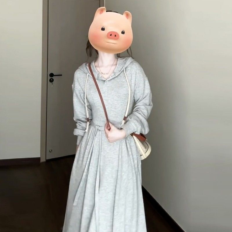 韩系学院风灰色连帽卫衣连衣裙女2024秋季小个子气质收腰显瘦
