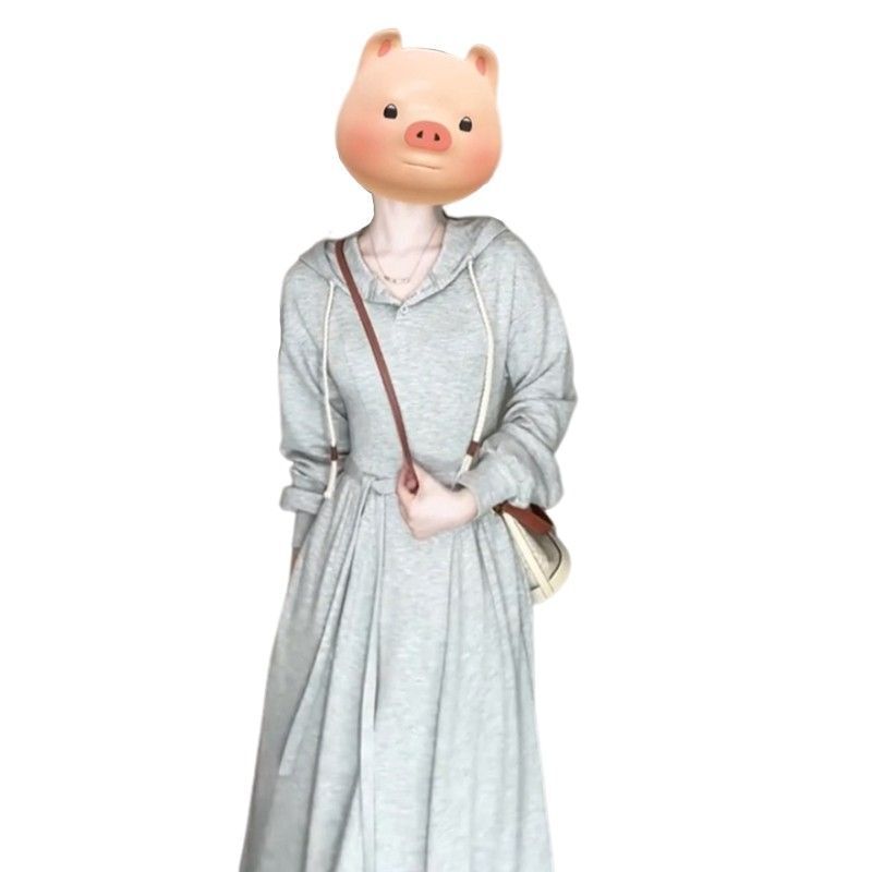 韩系学院风灰色连帽卫衣连衣裙女2024秋季小个子气质收腰显瘦