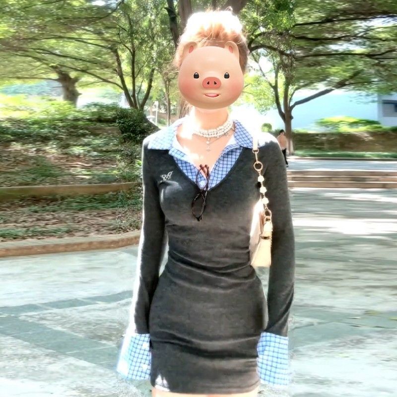 美式学院风格子拼接假两件连衣裙女2024新款秋冬季收腰显瘦包