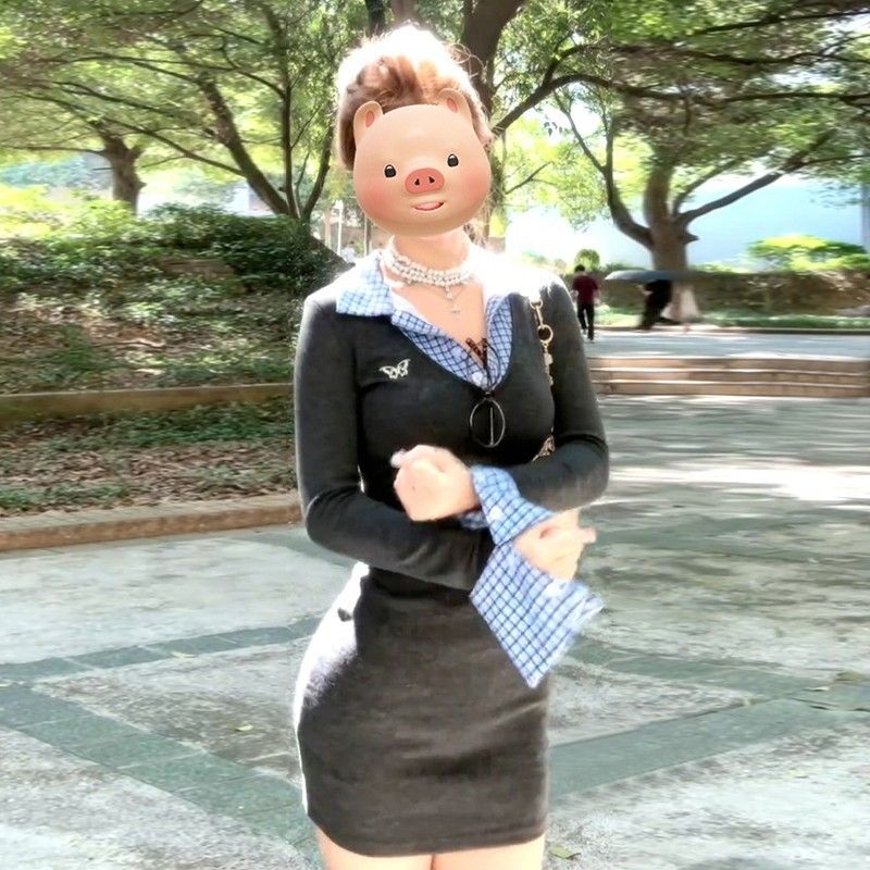 美式学院风格子拼接假两件连衣裙女2024新款秋冬季收腰显瘦包