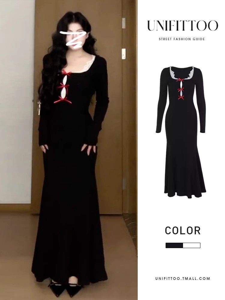 法式气质黑色针织连衣裙子2024新款女秋冬收腰显瘦修身内搭包