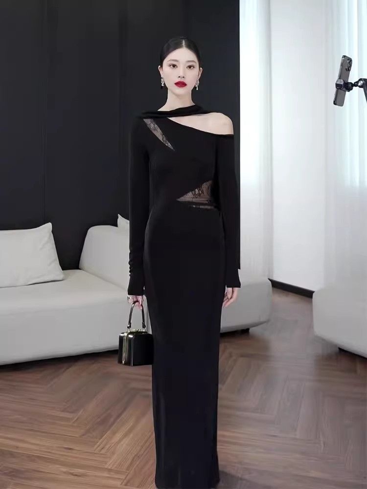 黑色斜领露肩蕾丝拼接连衣裙女秋法式性感辣妹设计感小众包臀长裙 黑色斜领露肩蕾丝拼接连衣裙女秋法式性感辣妹设计感小众包臀长裙