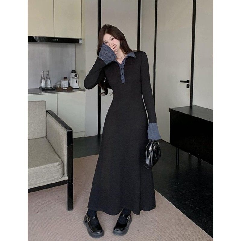 法式黑色polo针织连衣裙子女秋冬季2024新款内搭打底气质 法式黑色polo针织连衣裙子女秋冬季2024新款内搭打底气质
