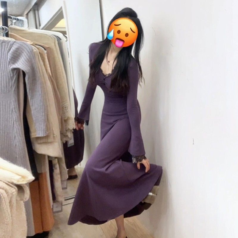 法式内搭蕾丝V领紫色连衣裙子女秋冬季2024新款打底包臀气质 法式内搭蕾丝V领紫色连衣裙子女秋冬季2024新款打底包臀气质