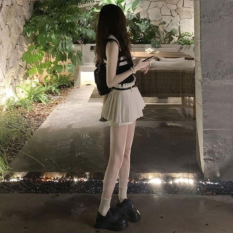 女神范套装polo领条纹针织背心百褶短裙女夏季2024新款时