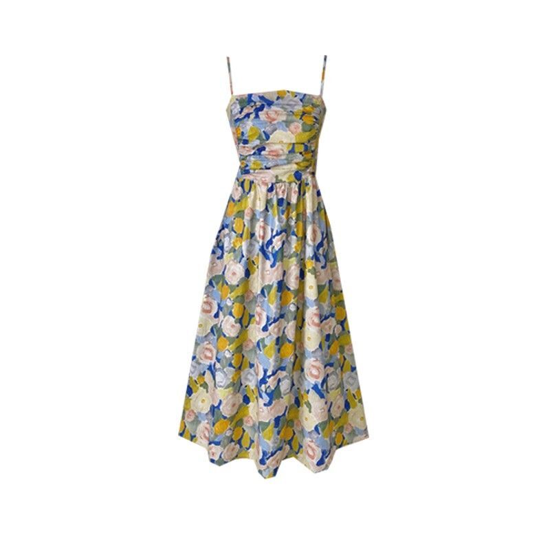 碎花吊带裙夏季油画裙甜美温柔度假风沙滩裙小个子收腰显瘦连衣裙