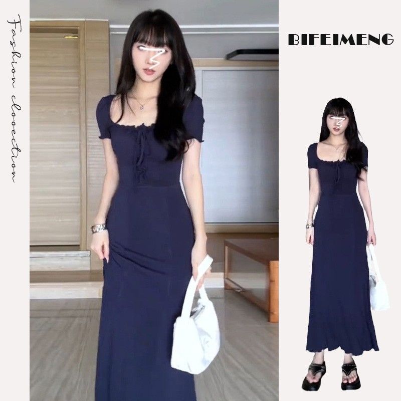 藏蓝色方领连衣裙2024女夏辣妹修身收腰纯欲小妈风包臀鱼尾长