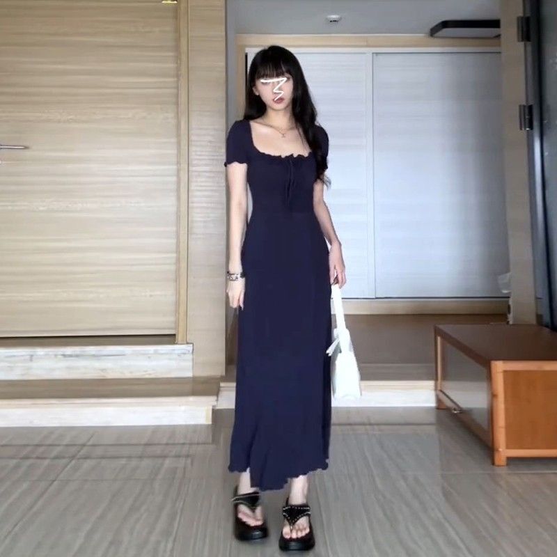 藏蓝色方领连衣裙2024女夏辣妹修身收腰纯欲小妈风包臀鱼尾长