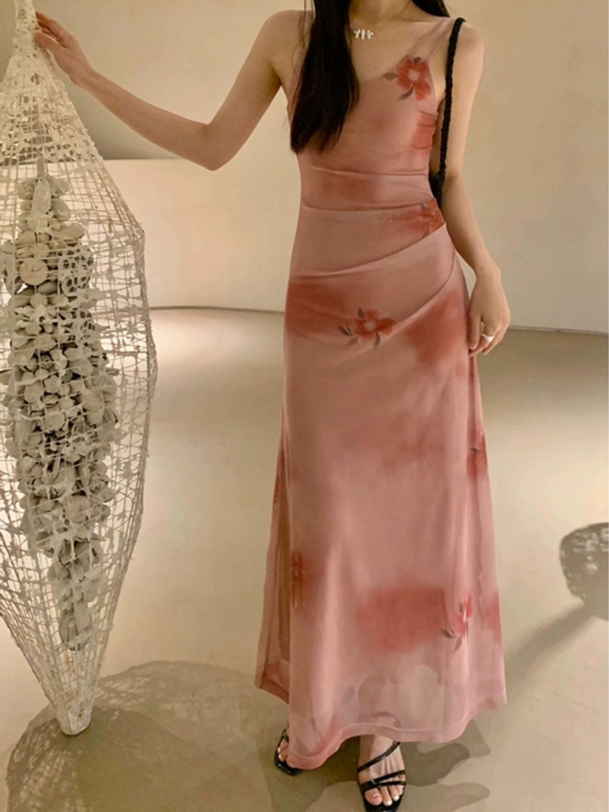 法式漂亮气质浪漫玫瑰印花吊带连衣裙女性感露背辣妹包臀内搭长裙