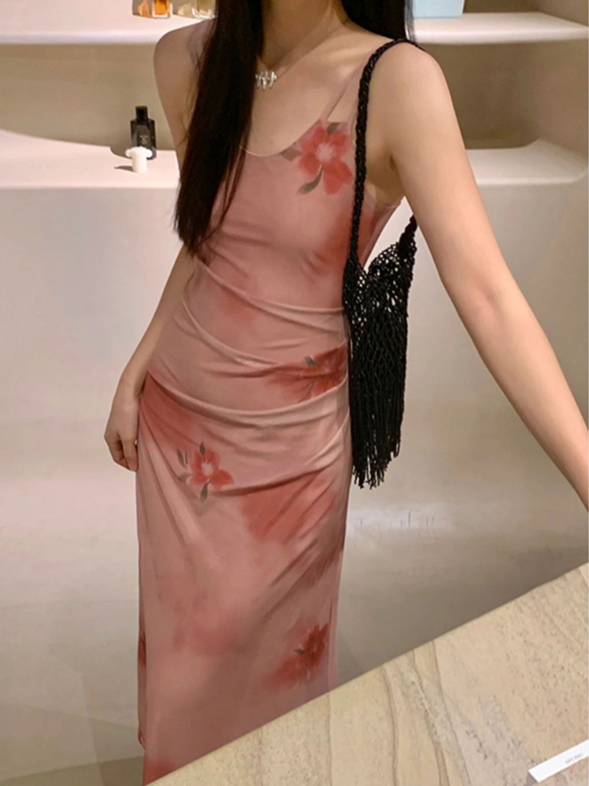 法式漂亮气质浪漫玫瑰印花吊带连衣裙女性感露背辣妹包臀内搭长裙