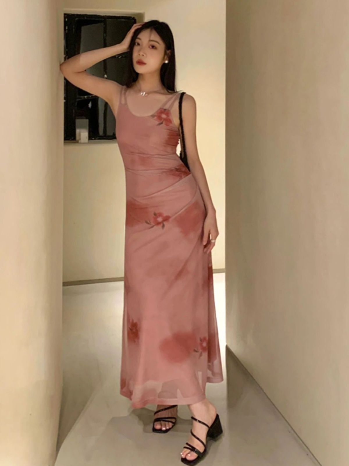 法式漂亮气质浪漫玫瑰印花吊带连衣裙女性感露背辣妹包臀内搭长裙