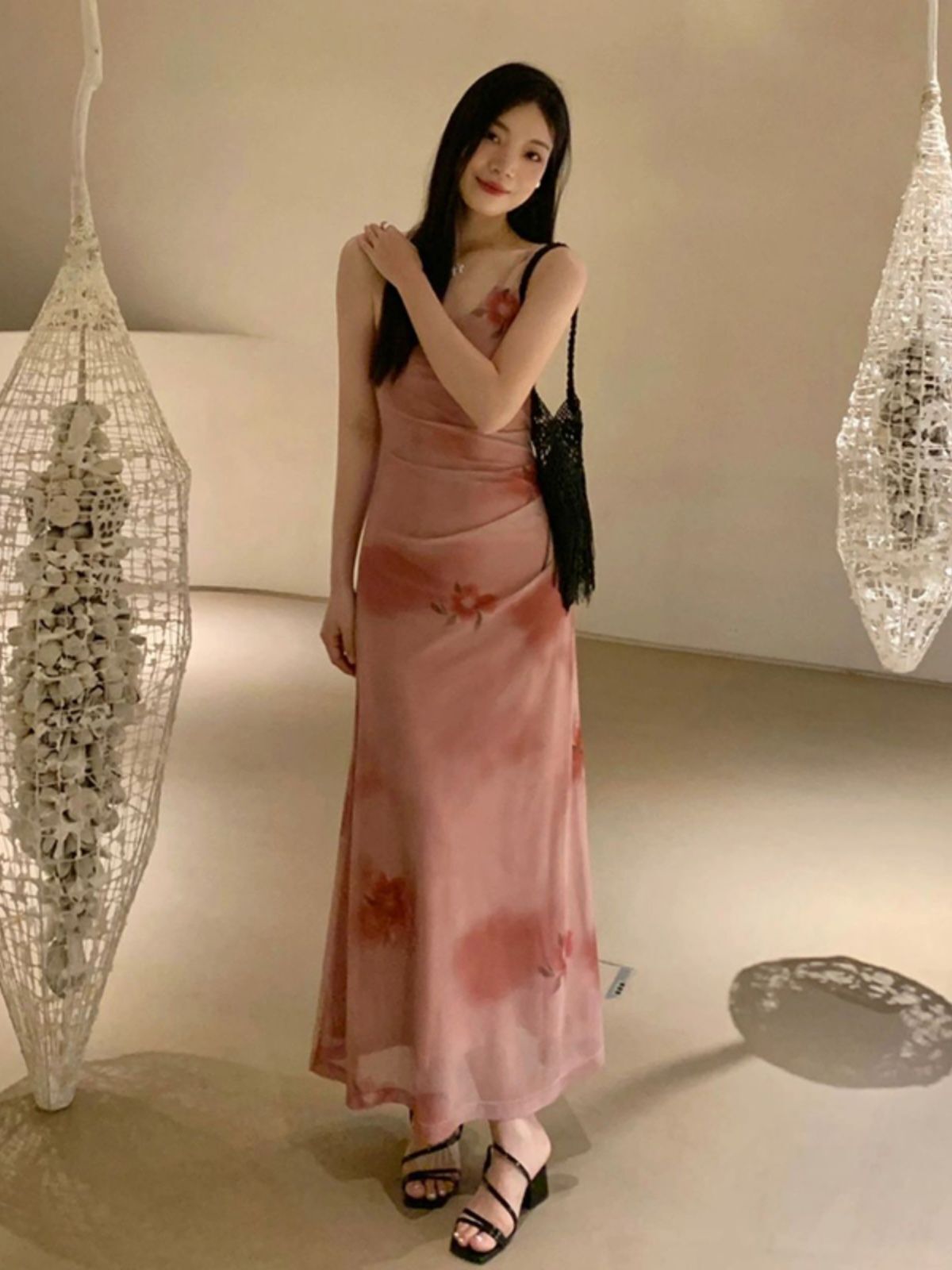 法式漂亮气质浪漫玫瑰印花吊带连衣裙女性感露背辣妹包臀内搭长裙