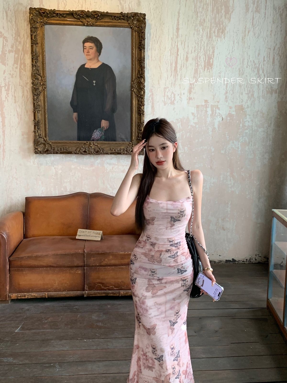 蝴蝶印花性感吊带连衣裙女夏季收腰露背绑带包臀裙网纱纯欲长裙子