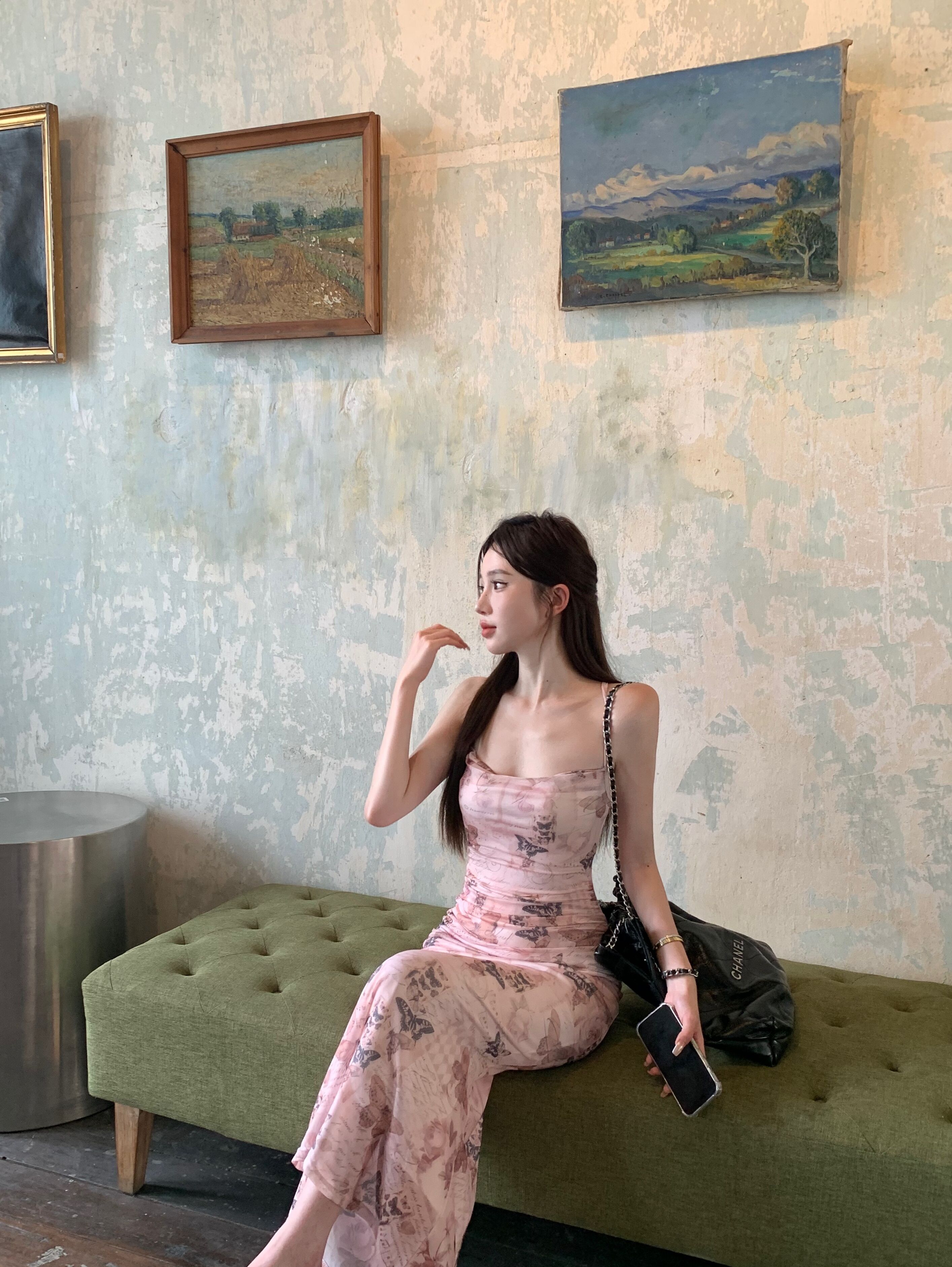 蝴蝶印花性感吊带连衣裙女夏季收腰露背绑带包臀裙网纱纯欲长裙子