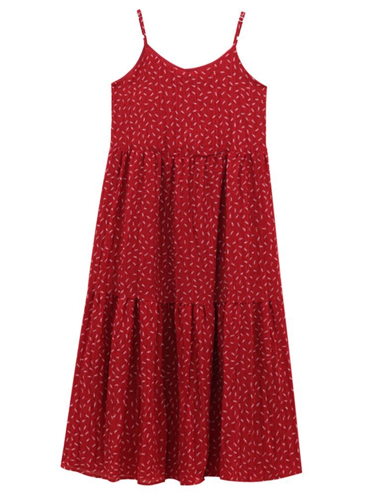 纯欲辣妹红色碎花吊带连衣裙宽松显瘦长裙