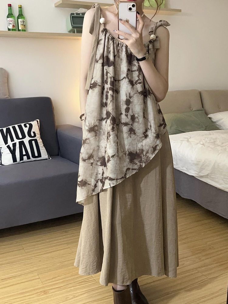 艺术感扎染吊带裙氛围感文艺连衣裙女夏季法式复古度假风油画裙子