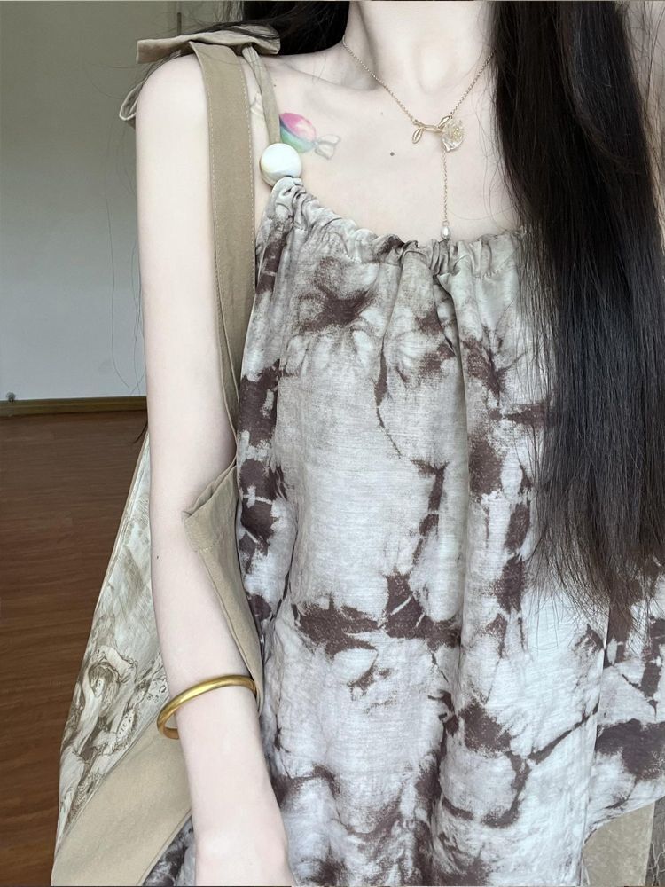 艺术感扎染吊带裙氛围感文艺连衣裙女夏季法式复古度假风油画裙子