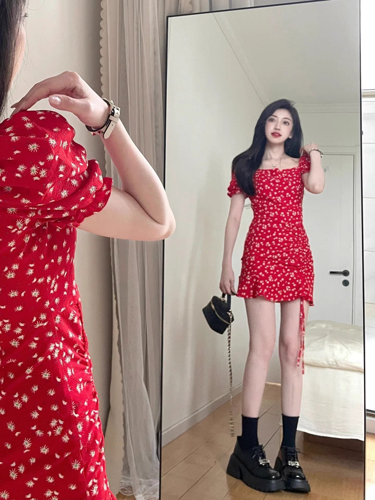 2025新款小个子法式方领红色碎花连衣裙子夏季女装泡泡袖收腰