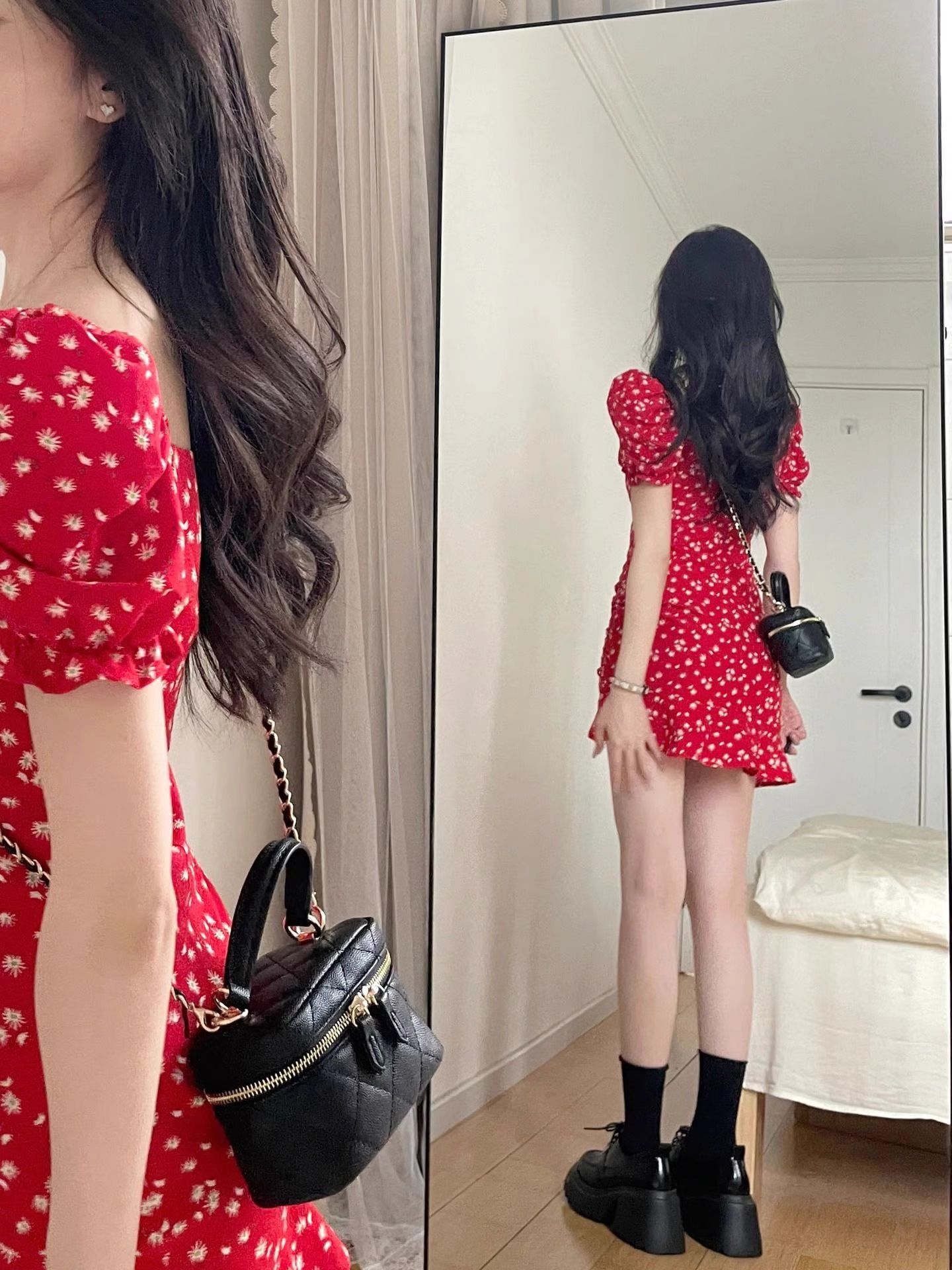 2025新款小个子法式方领红色碎花连衣裙子夏季女装泡泡袖收腰