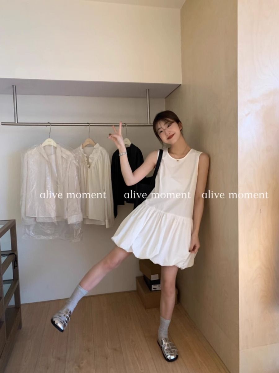 简约圆领花苞背心裙女夏季2025新款宽松小个子a字连衣裙