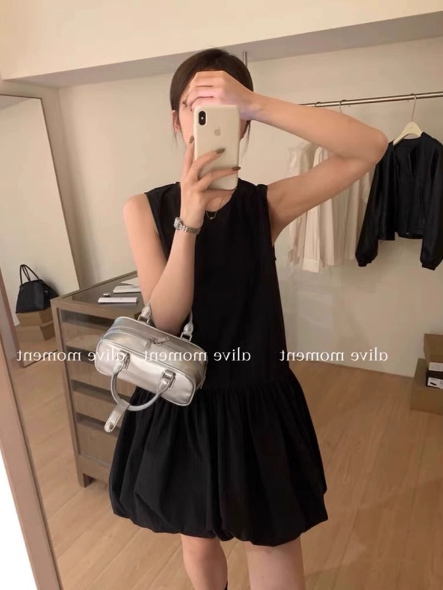 简约圆领花苞背心裙女夏季2025新款宽松小个子a字连衣裙