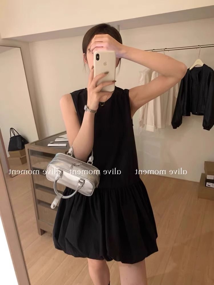 简约圆领花苞背心裙女夏季2025新款宽松小个子a字连衣裙
