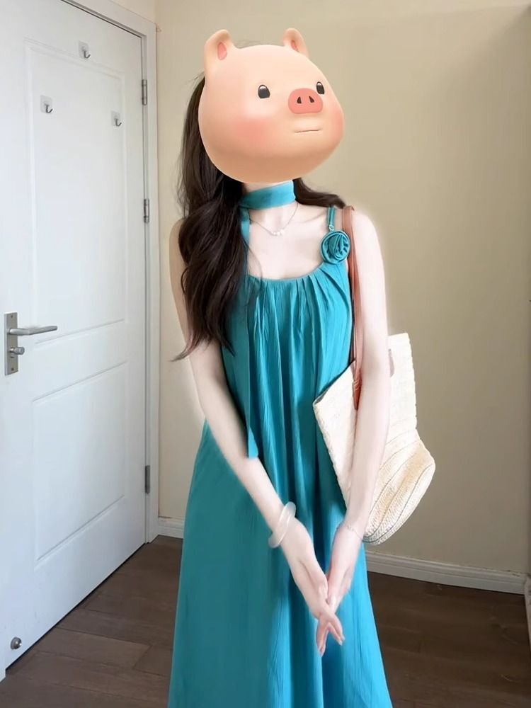 亮色系多巴胺泰式夏季挂脖吊带连衣裙女海边度假新疆旅行穿搭长裙