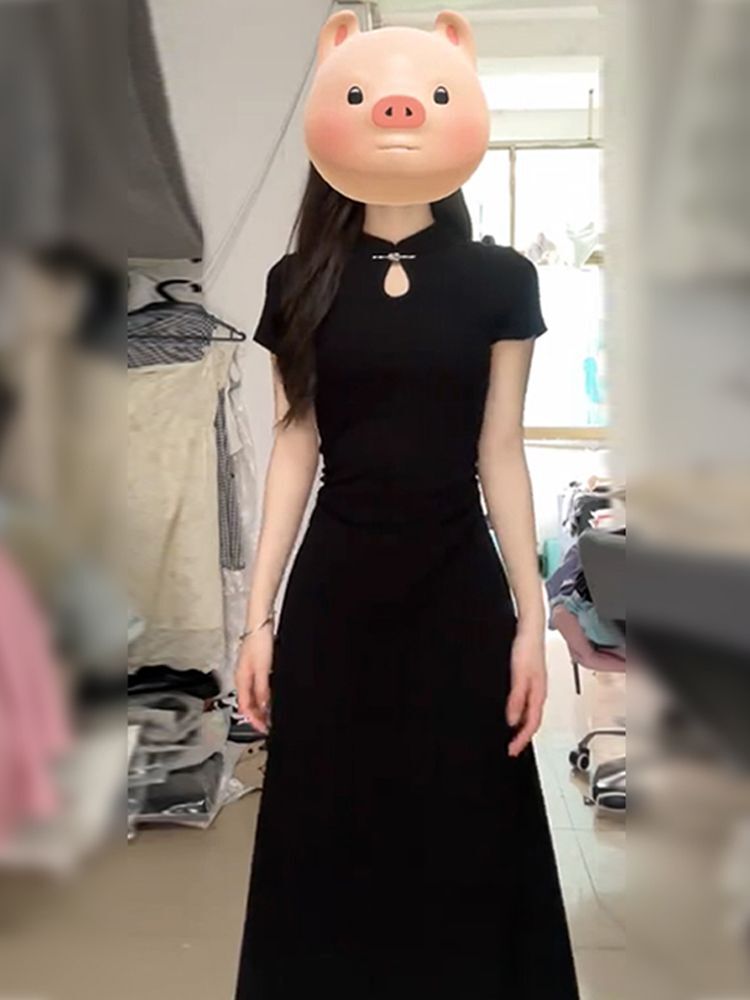 新中式黑色修身连衣裙女夏季高级感显瘦气质国风盘扣改良旗袍裙子