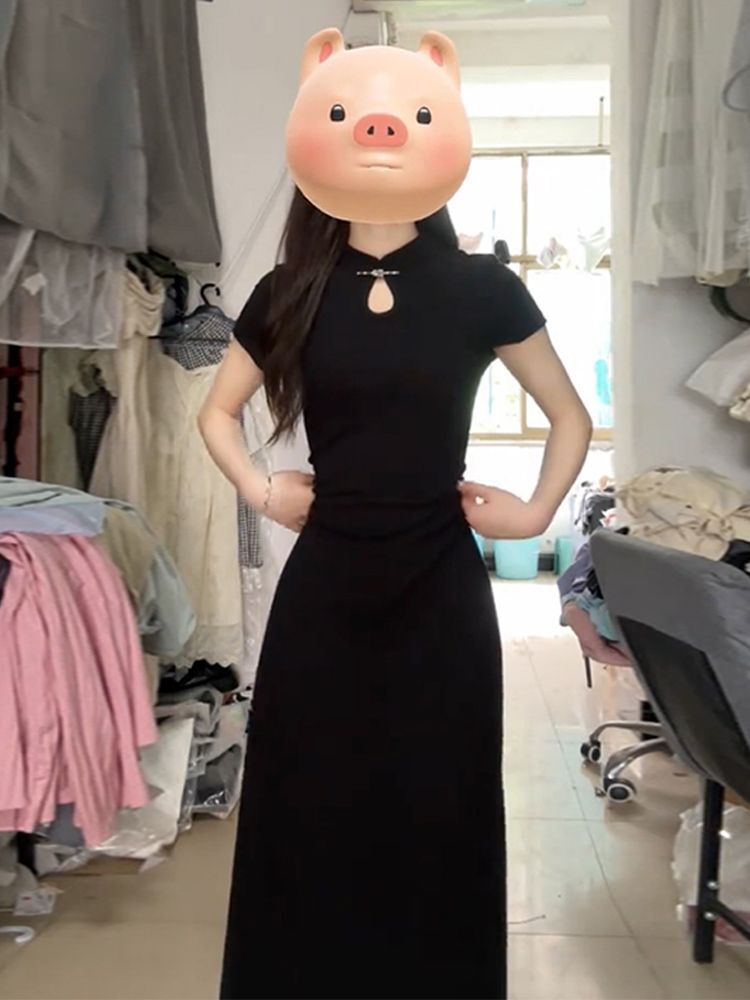 新中式黑色修身连衣裙女夏季高级感显瘦气质国风盘扣改良旗袍裙子
