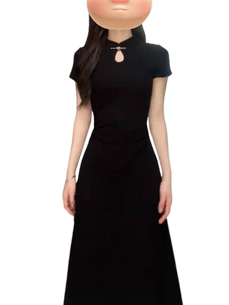 新中式黑色修身连衣裙女夏季高级感显瘦气质国风盘扣改良旗袍裙子