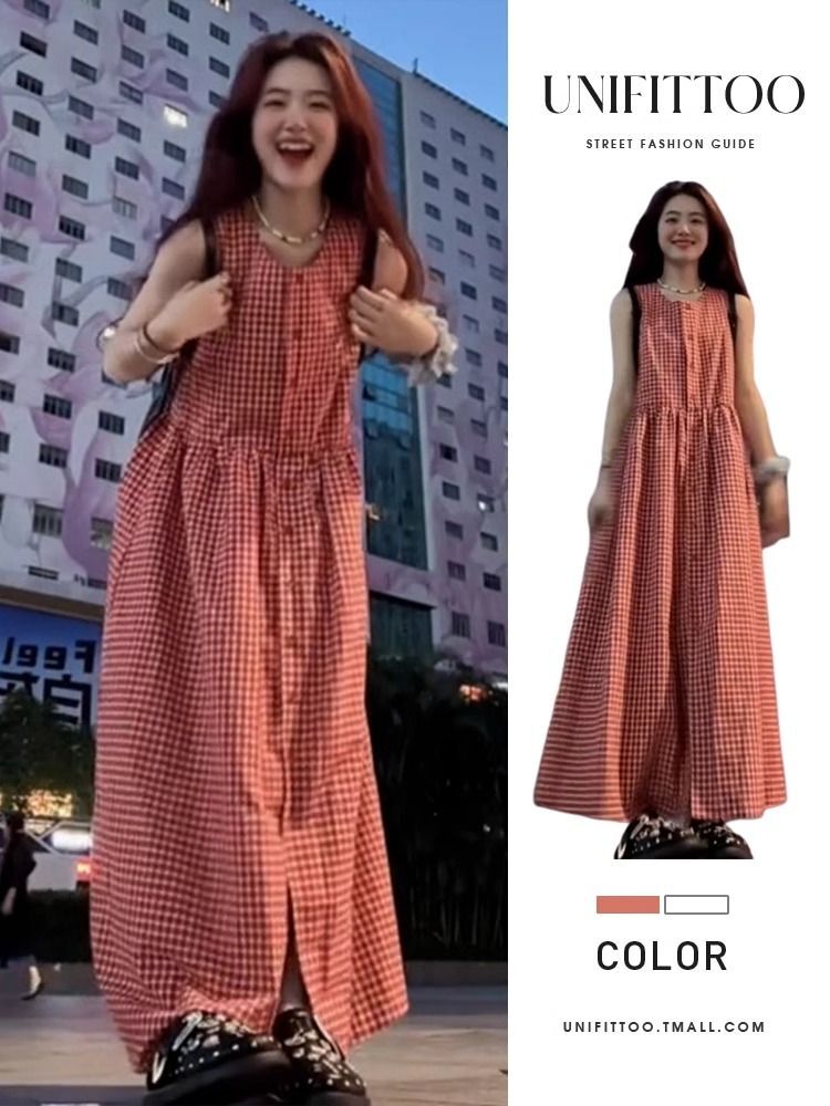 复古海边度假风格子连衣裙简约气质背心裙