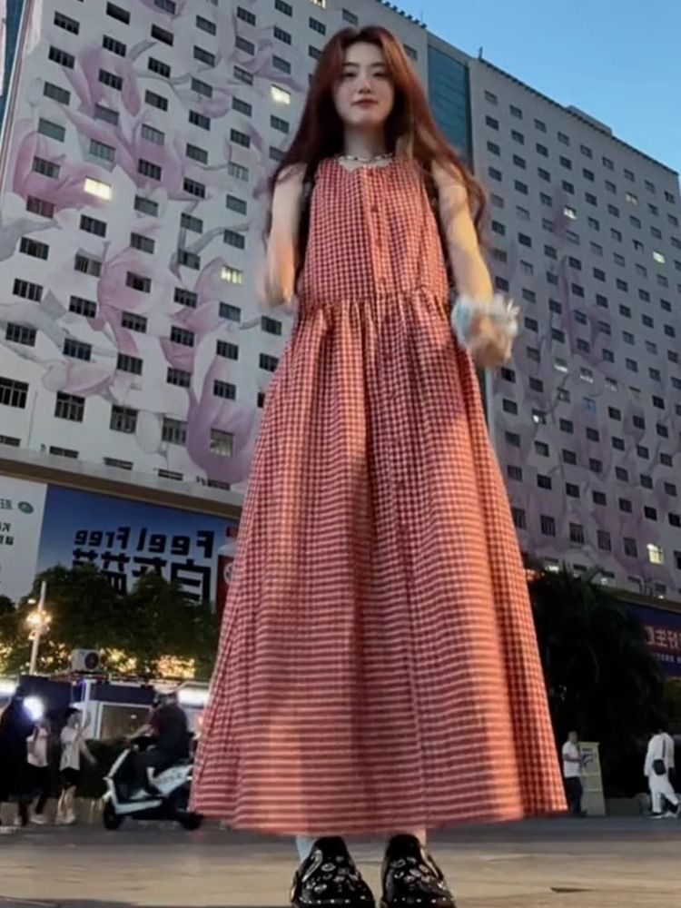 复古海边度假风格子连衣裙简约气质背心裙