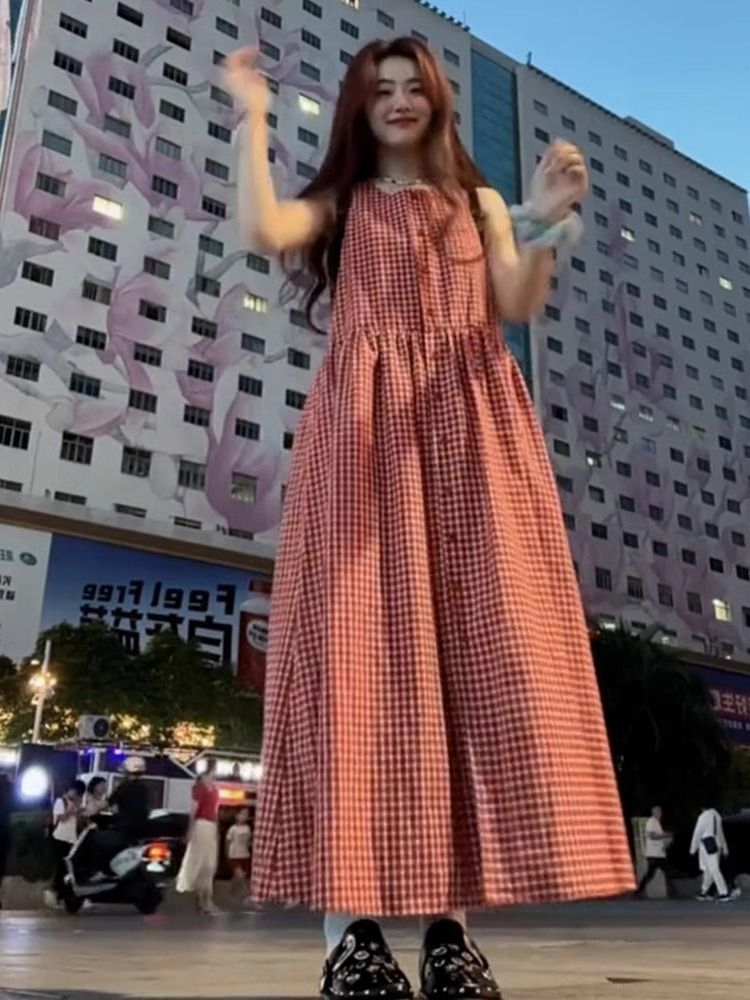 复古海边度假风格子连衣裙简约气质背心裙