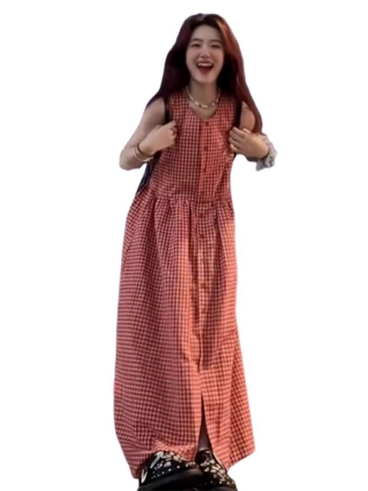 复古海边度假风格子连衣裙简约气质背心裙