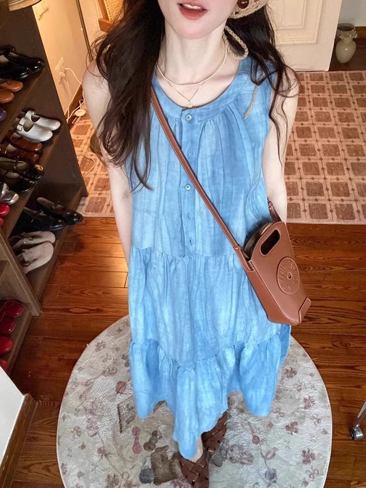 蓝色无袖吊带连衣裙子女装2025新款夏季法式气质海边度假背心 蓝色无袖吊带连衣裙子女装2025新款夏季法式气质海边度假背心