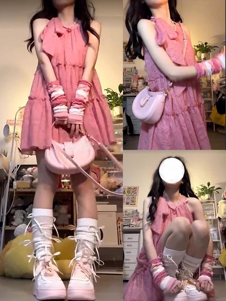 蝴蝶结系带挂脖连衣裙女夏2025新款小众设计感小个子宽松无袖