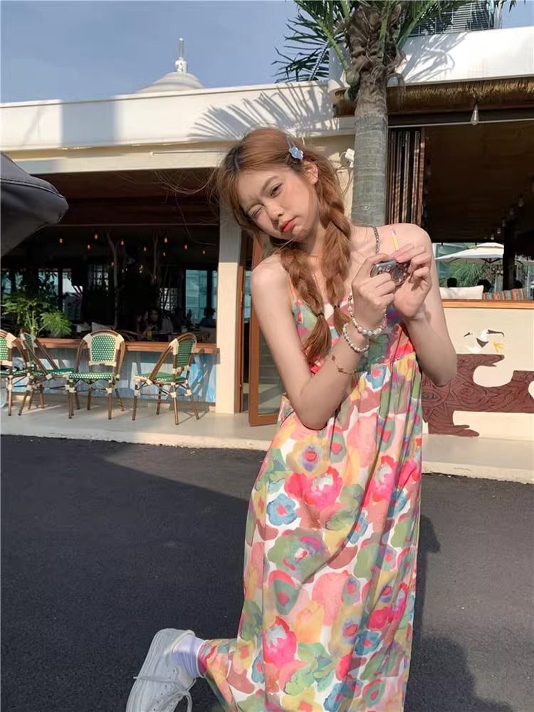 复古油画碎花吊带连衣裙女夏季法式宽松显瘦海边度假风无袖长裙子 复古油画碎花吊带连衣裙女夏季法式宽松显瘦海边度假风无袖长裙子