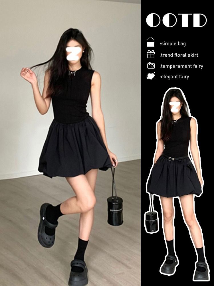 小众黑色连衣裙女设计感花朵裙子法式气质短裙高级感新款花苞裙潮