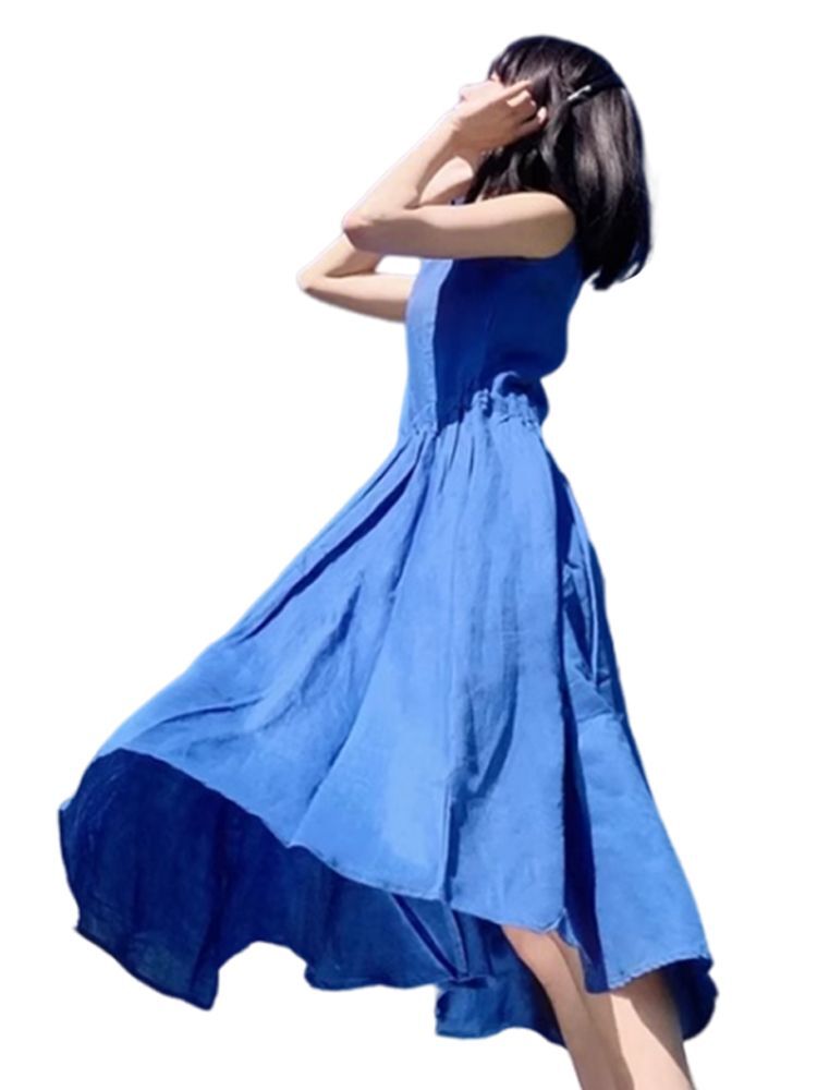 2025新款小个子法式无袖连衣裙子夏季女装海边度假蓝色长裙吊