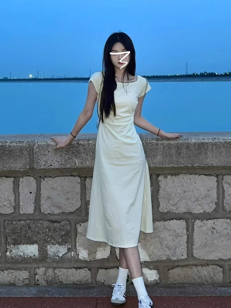 夏季2025新款女收腰鱼尾包臀连衣裙子法式长裙修身高级感小妈