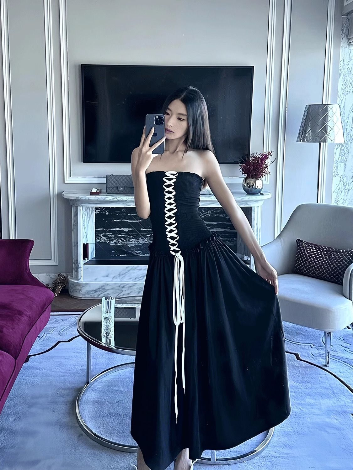 连衣裙出游拍照黑色胸口绑带打揽高级感抹胸裙ins