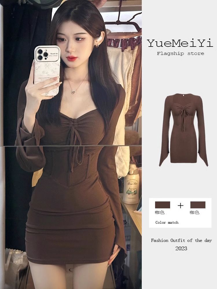 美式辣妹风方领连衣裙女秋冬新款超好看小妈风包臀短裙内搭打底裙