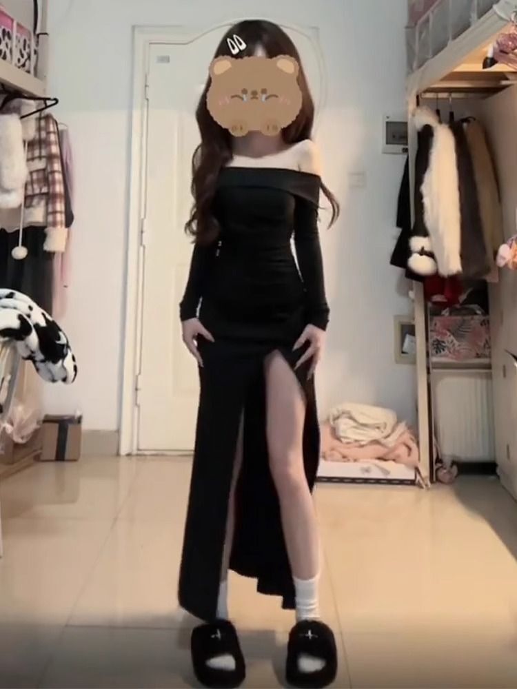 开叉性感辣妹一字肩长裙2024新款黑色掐腰连衣裙子女春夏包臀