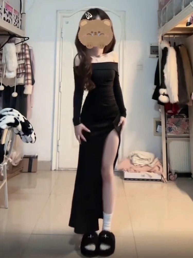 开叉性感辣妹一字肩长裙2024新款黑色掐腰连衣裙子女春夏包臀